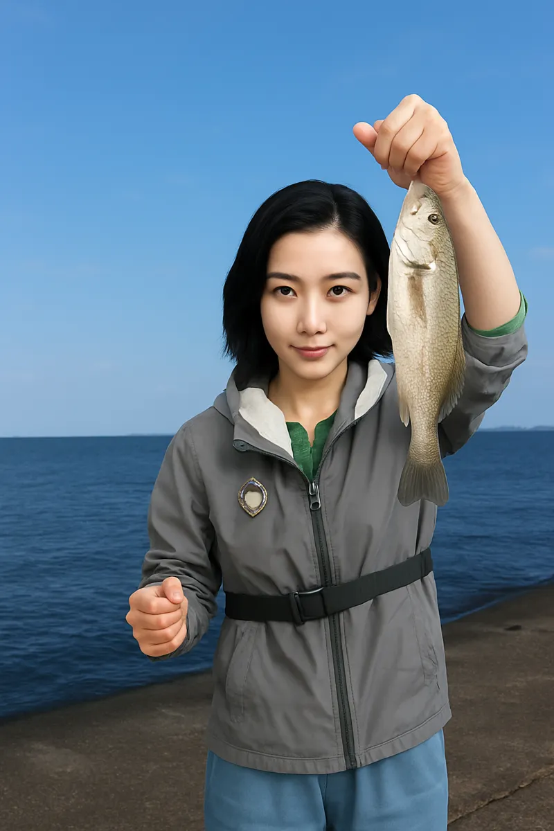 磯浜漁港でイシモチの釣果を得た八重田.webp