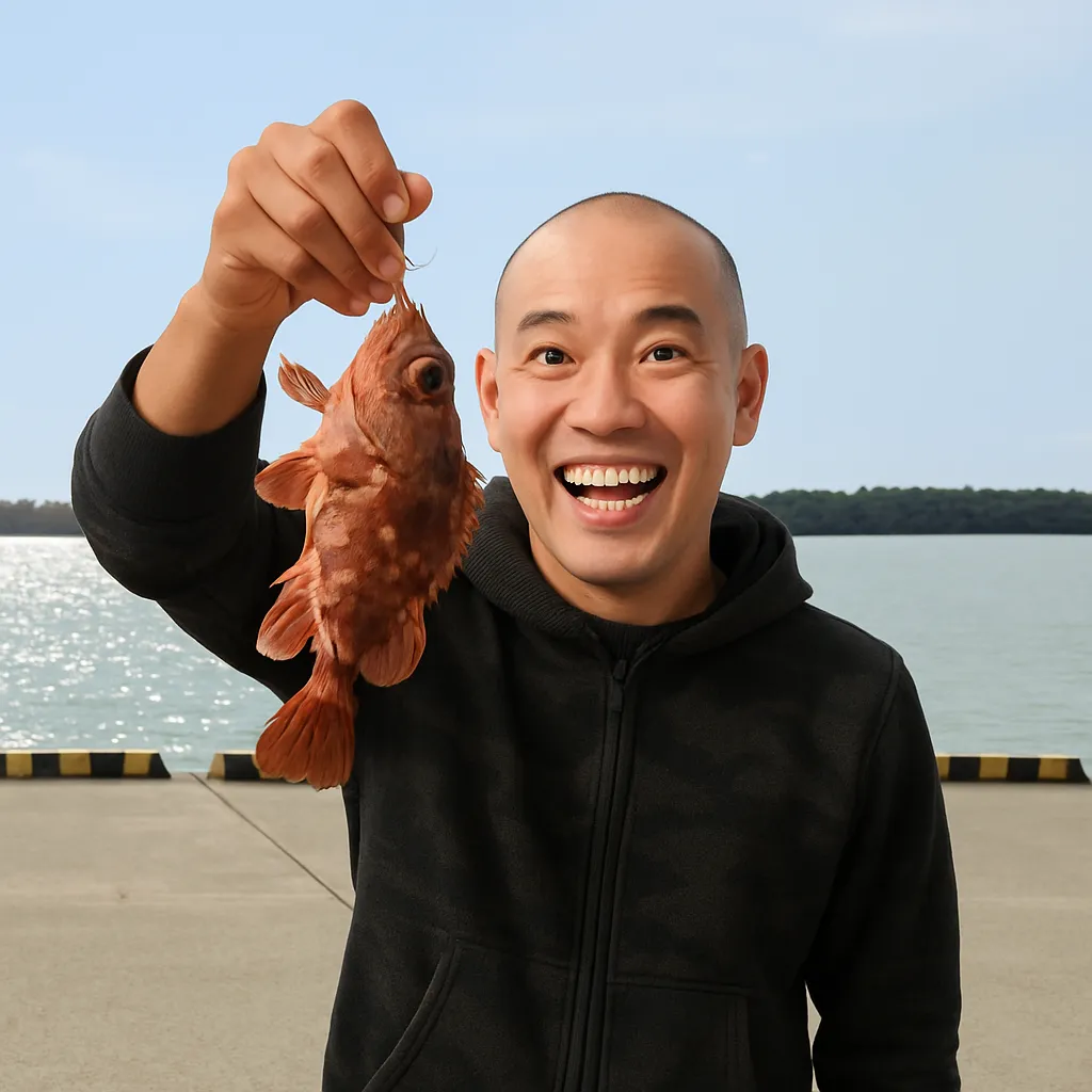 福島港でアラカブの釣果を得たがんだま君.webp