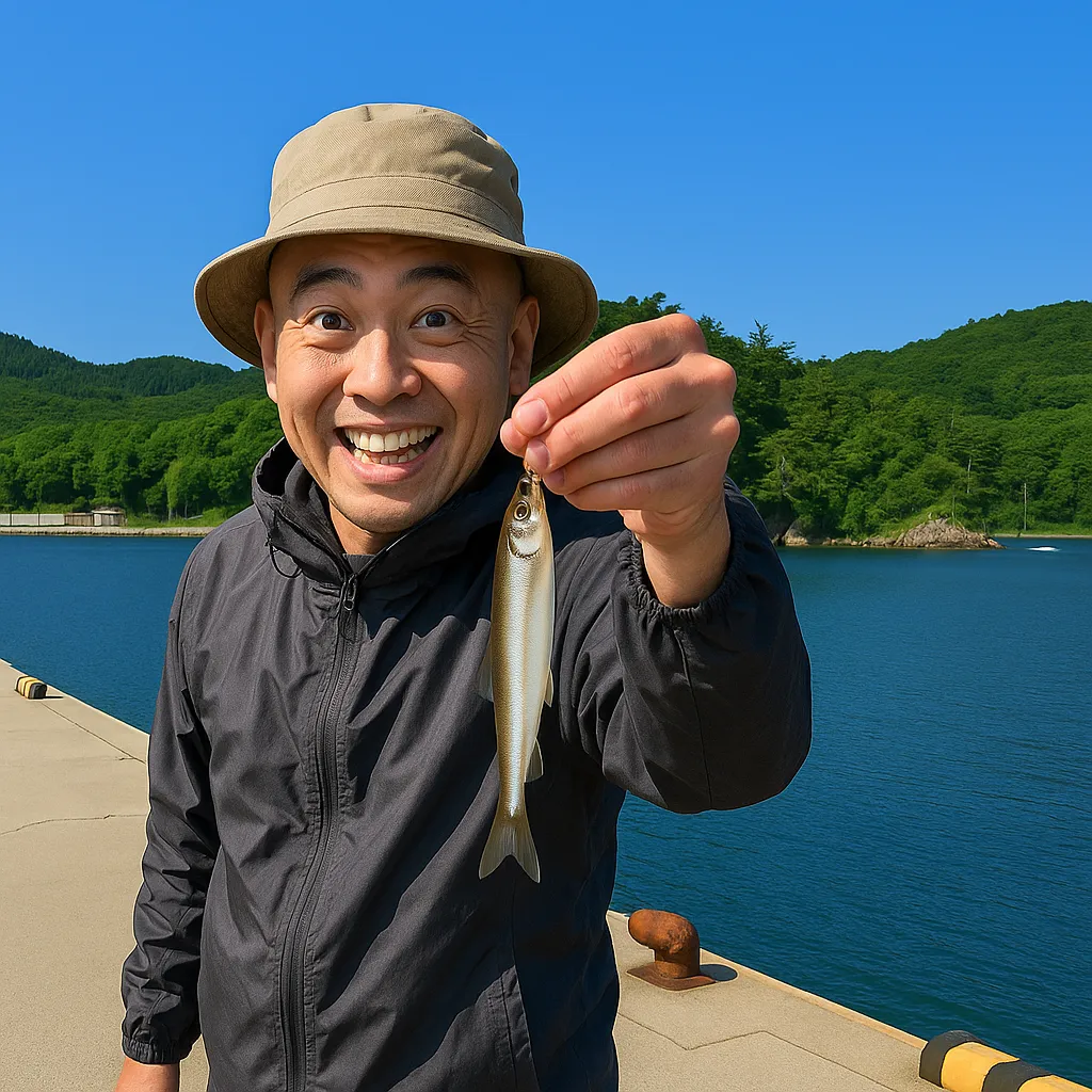 福貴浦漁港でチカの釣果を得たがんだま君.webp