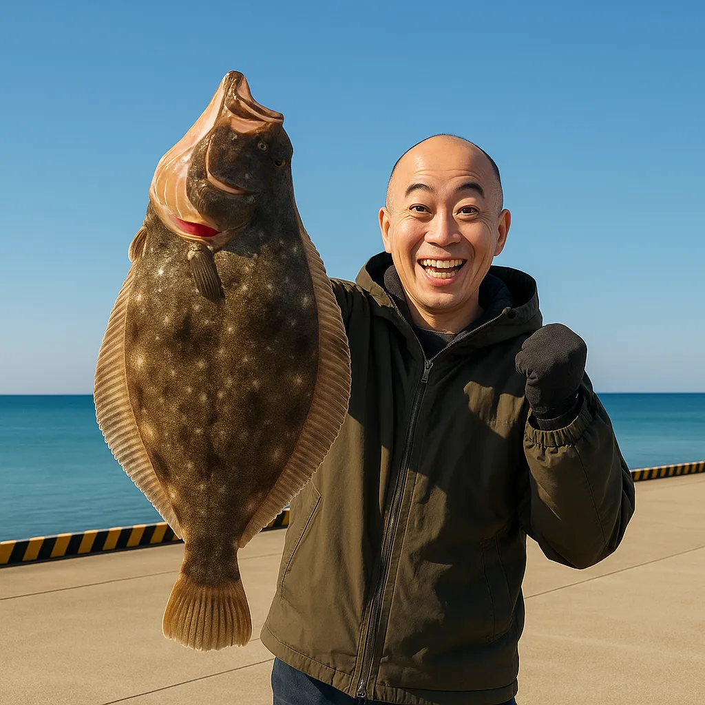 秋田マリーナでヒラメの釣果を得たがんだま君.webp
