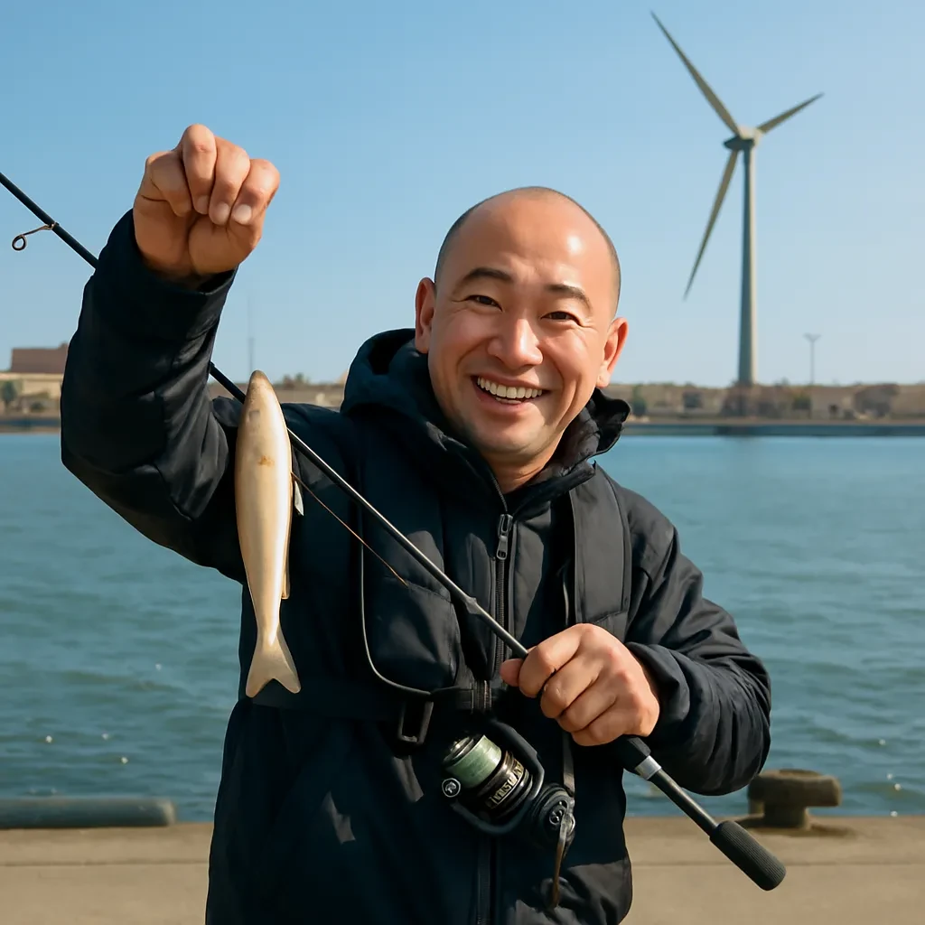 秋田港でシロギスの釣果を得たがんだま君.webp