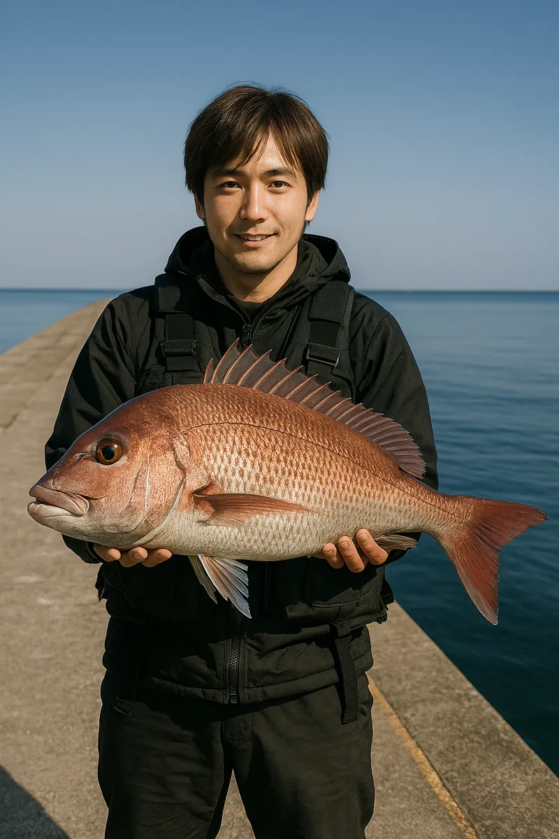 秋田港でマダイの釣果を得た久良木.webp
