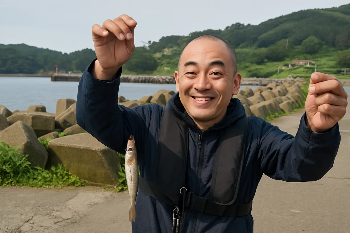 稲生漁港でシロギスの釣果を得たがんだま君.webp