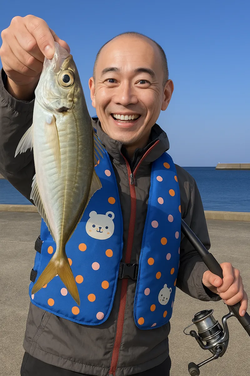 竹島でアジの釣果を得たがんだま君.webp