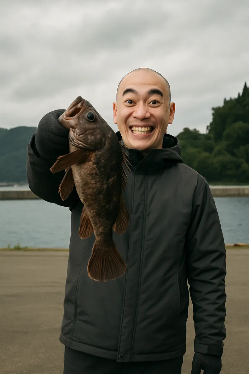 箱崎漁港でソイの釣果を得たがんだま君.webp