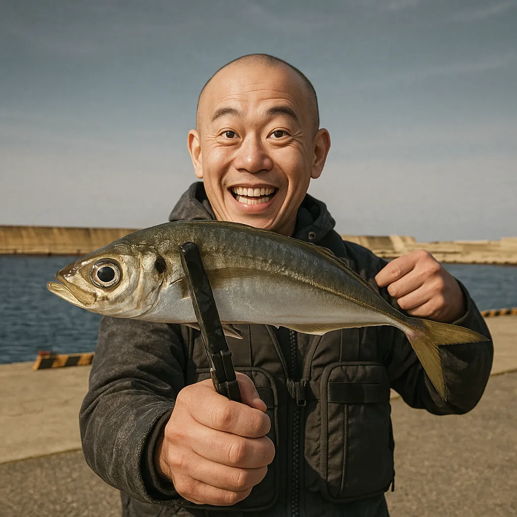 米子漁港でアジの釣果を得たがんだま君.webp