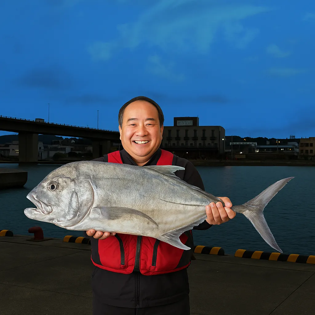 糸満漁港でガーラの釣果を得た持田.webp