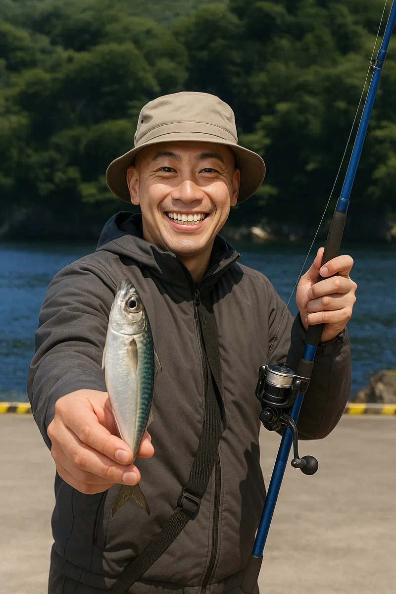 綾里漁港でサバの釣果を得たがんだま君.webp
