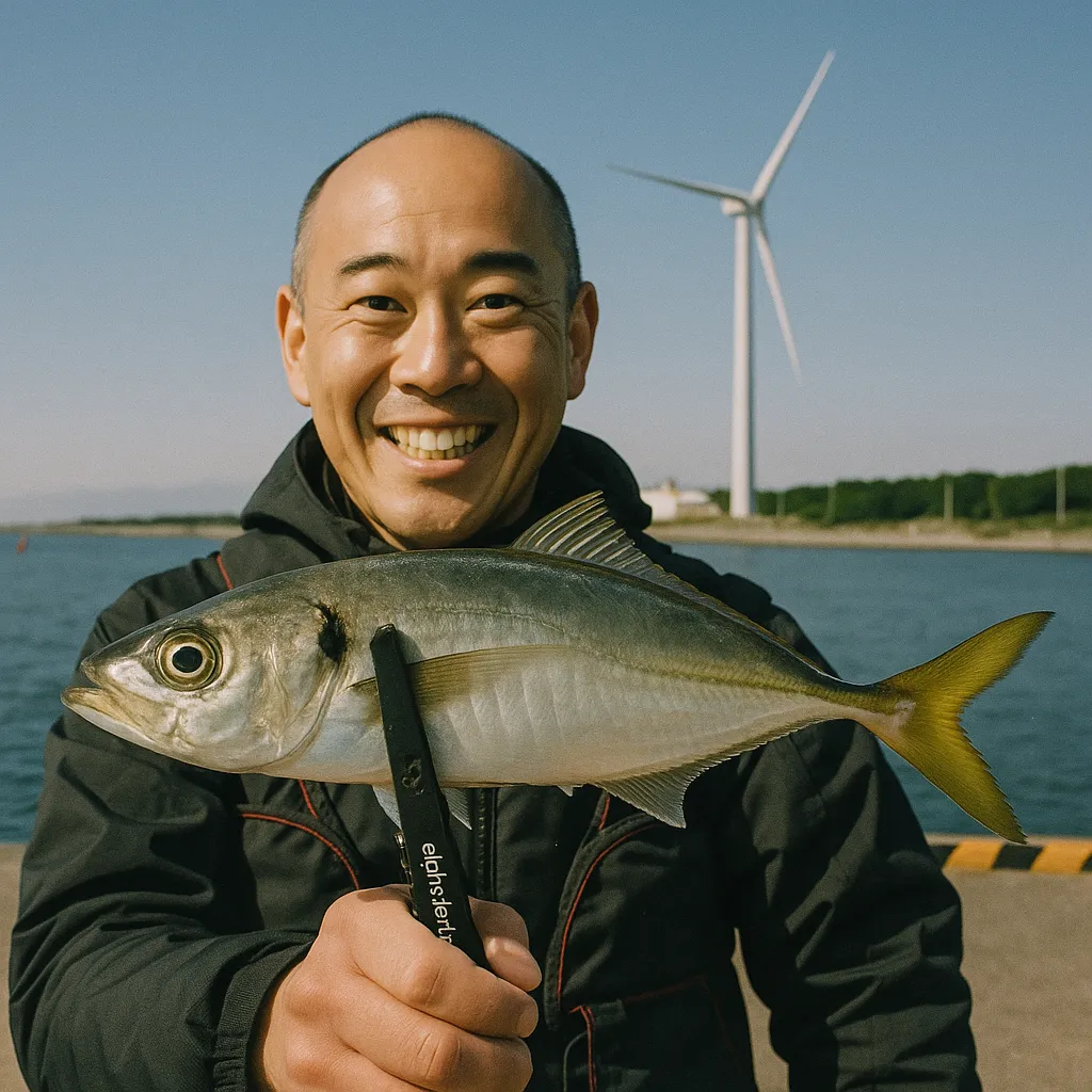 能代港でアジの釣果を得たがんだま君.webp