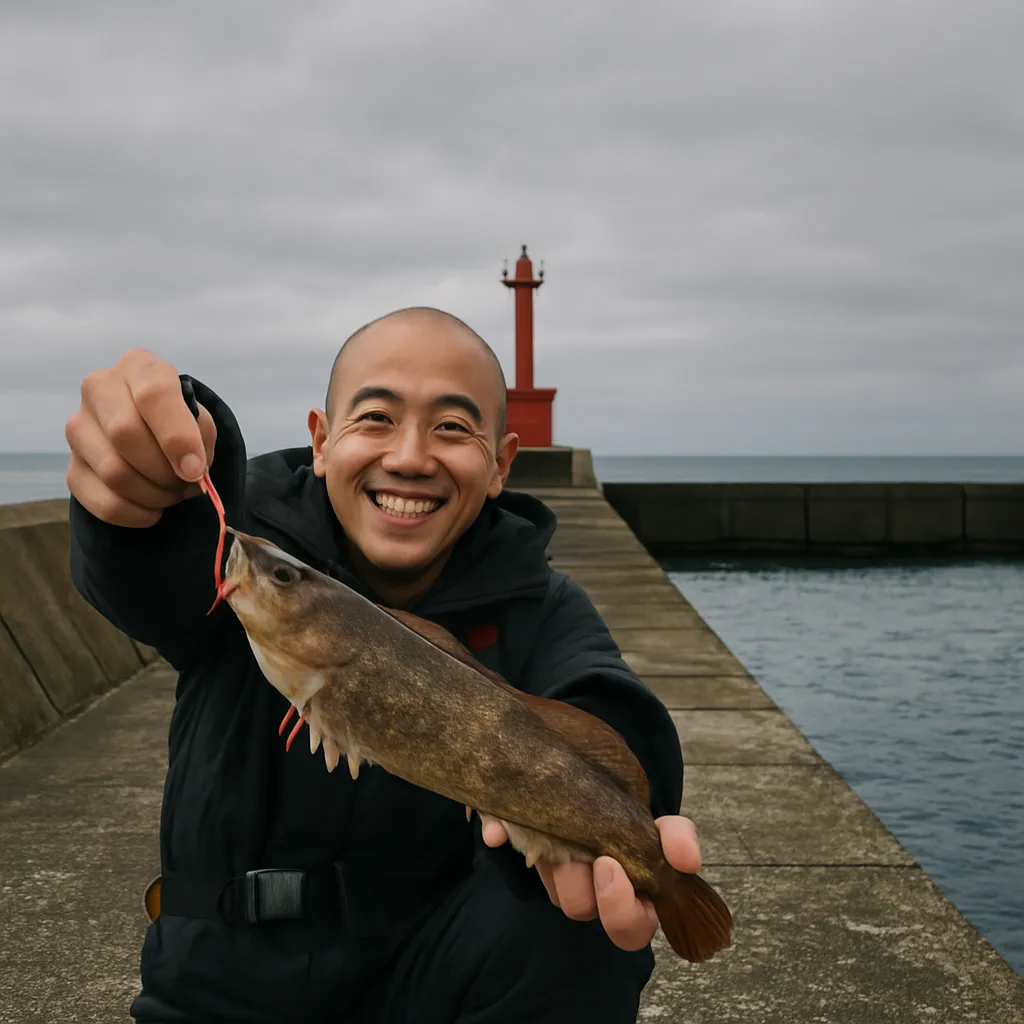 脇野沢漁港でアイナメの釣果を得たがんだま君.webp