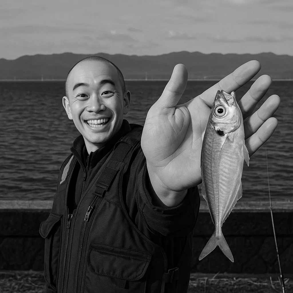 船川港でアジの釣果を得たがんだま君.webp