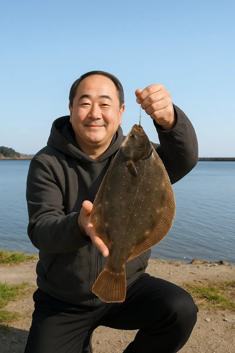 船越水道でカレイの釣果を得た持田.webp