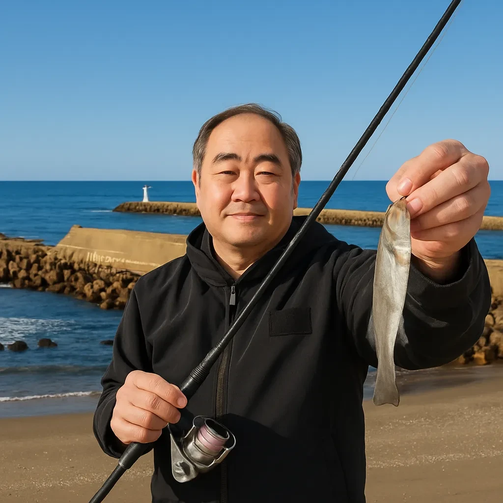 船越水道でシロギスの釣果を得た持田.webp
