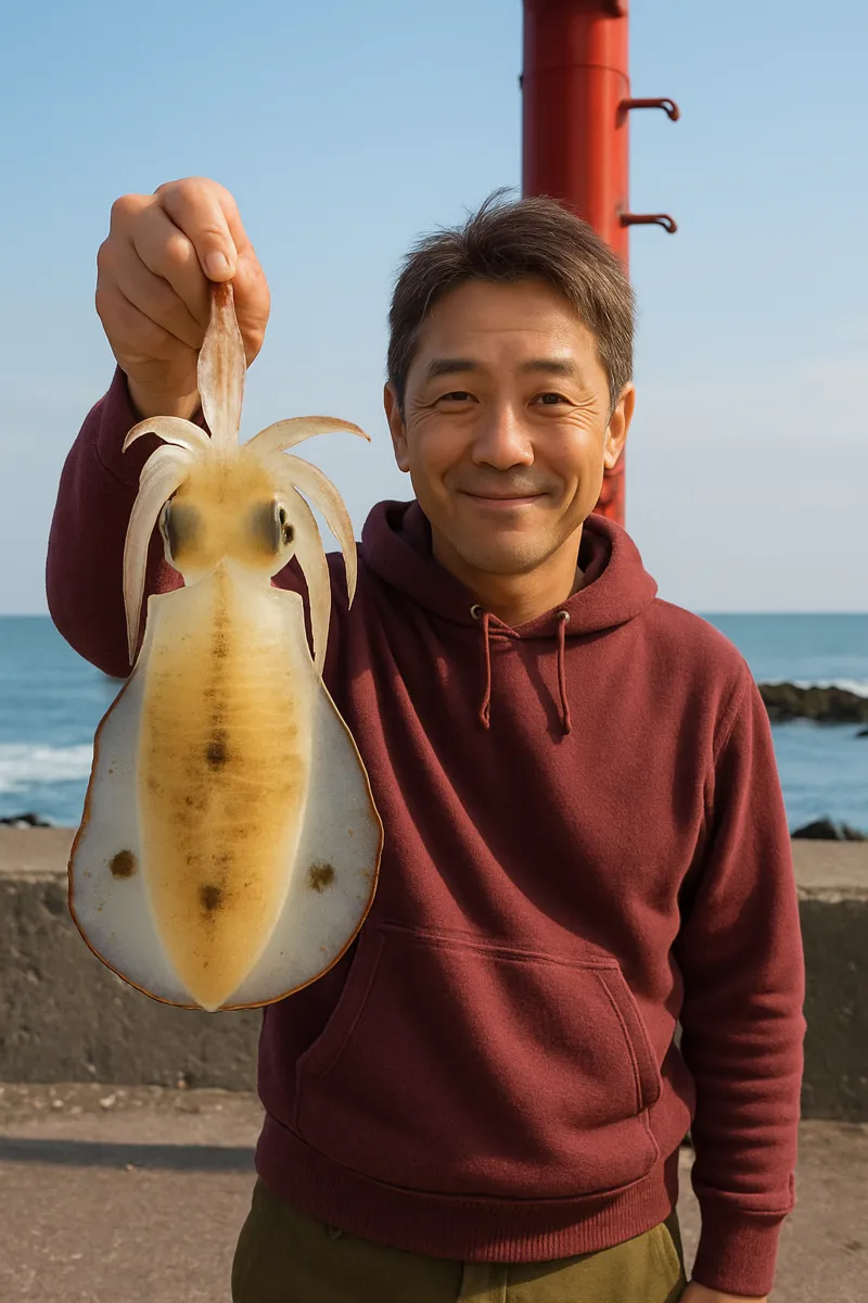 艫作漁港でアオリイカの釣果を得た男性.webp
