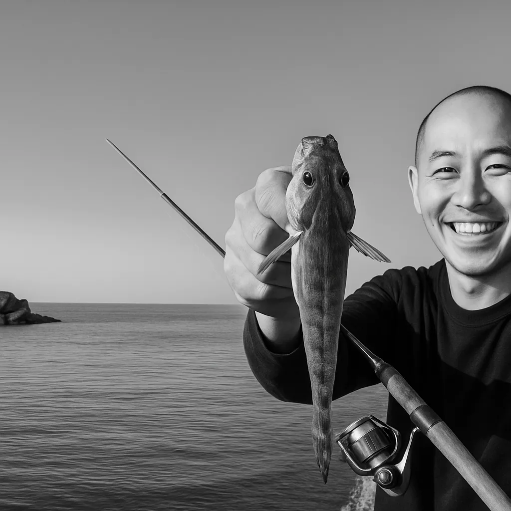 菖蒲田漁港でハゼの釣果を得たがんだま君.webp