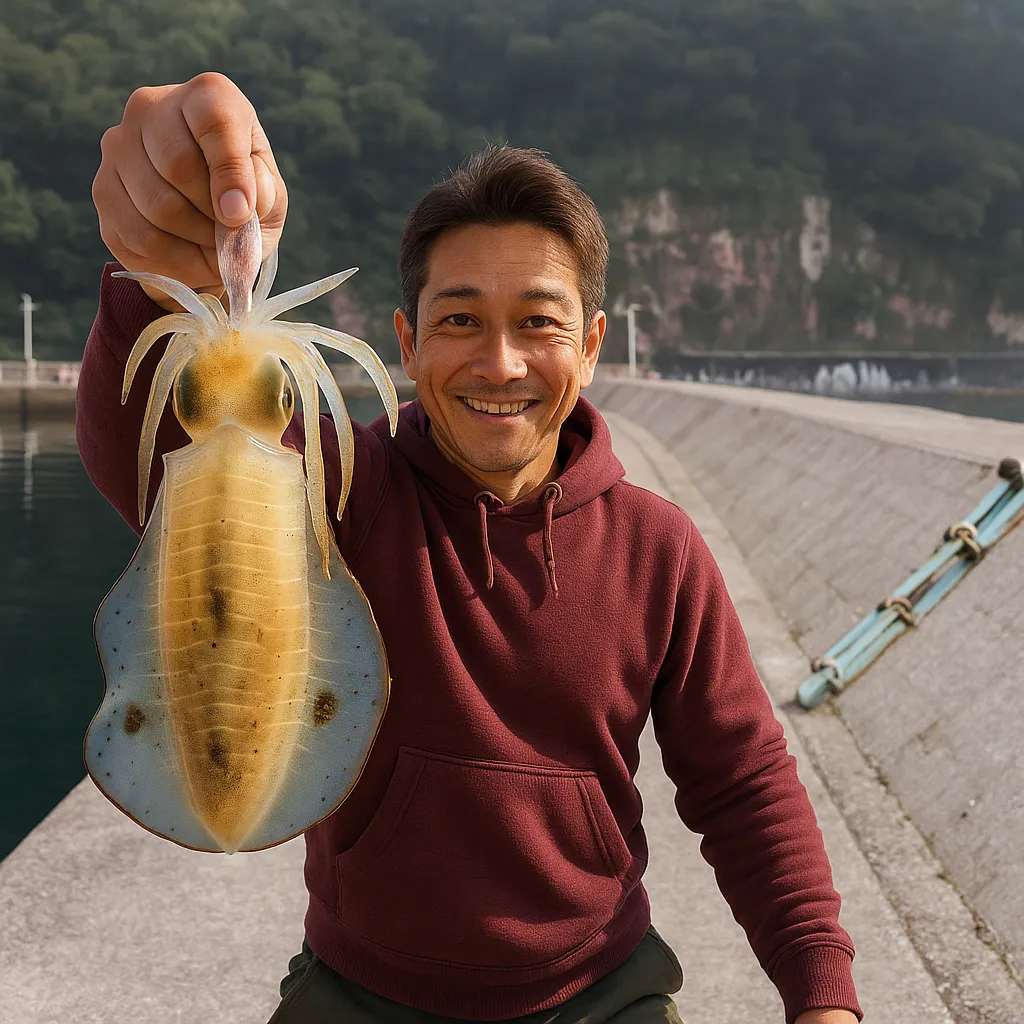 落ノ浦港でアオリイカの釣果を得た亀岡.webp