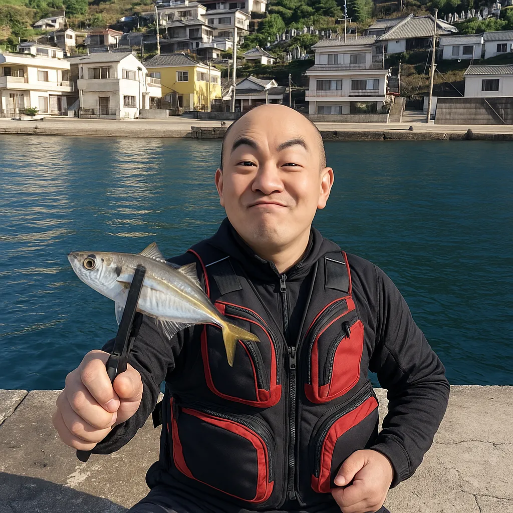 落ノ浦港でアジの釣果を得たがんだま君.webp