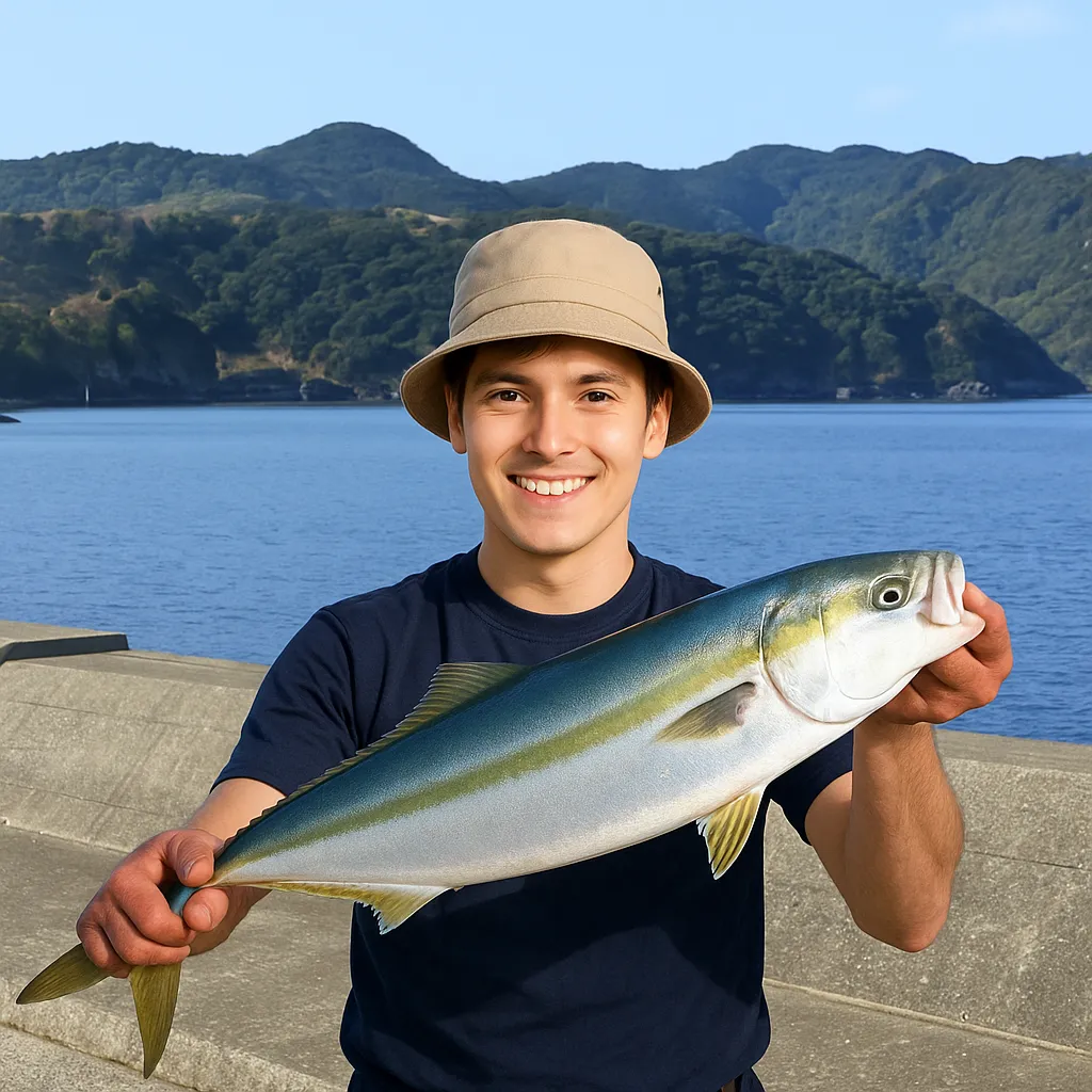 落ノ浦港でヤズの釣果を得た男性.webp