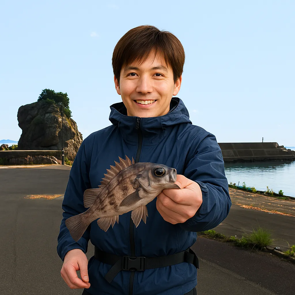 蒲戸港でメバルの釣果を得た男性.webp