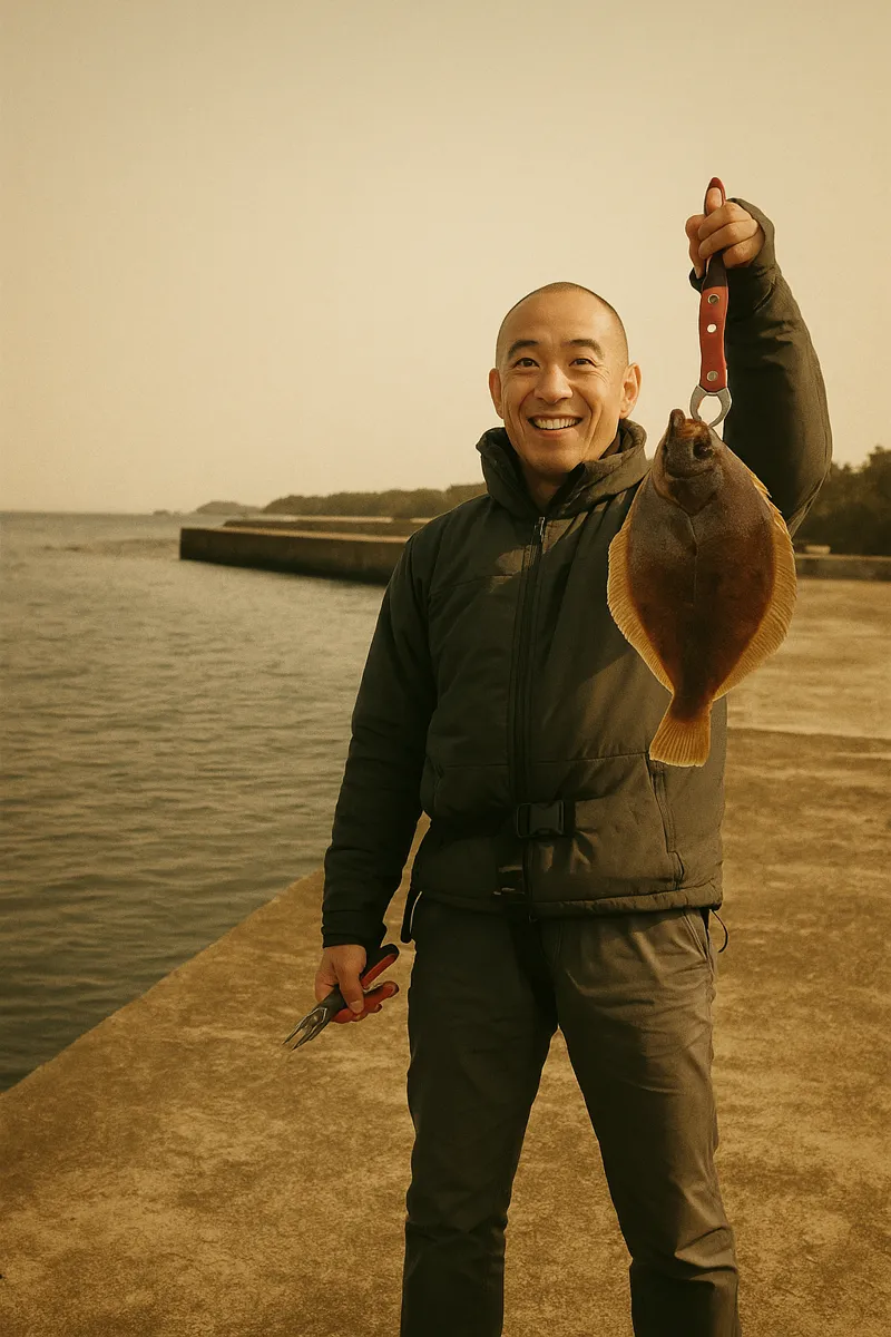 蔵内漁港でカレイの釣果を得たがんだま君.webp