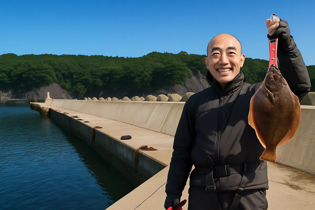 蛸ノ浜漁港でカレイの釣果を得たがんだま君.webp