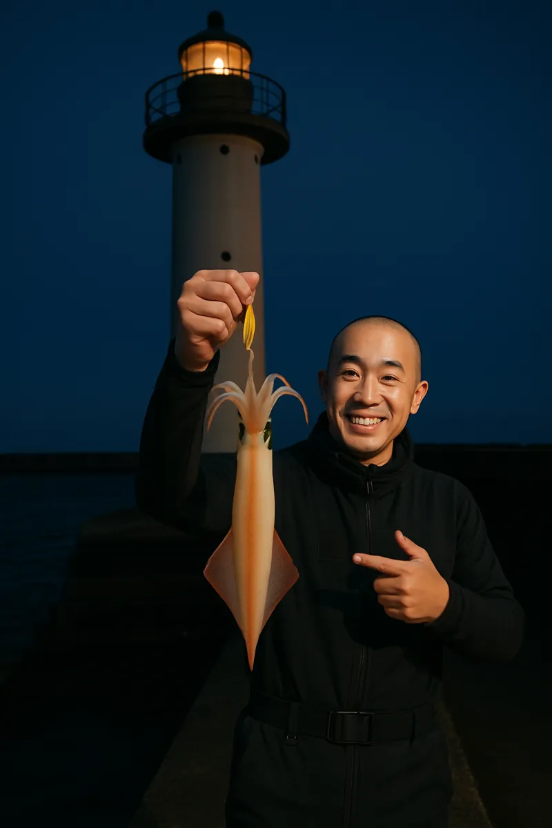 蟹田漁港でヤリイカの釣果を得たがんだま君.webp