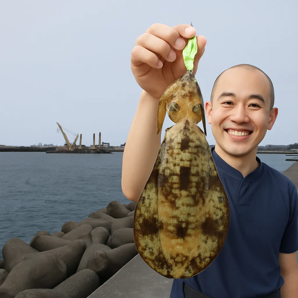西大分港でアオリイカの釣果を得たがんだま君.webp