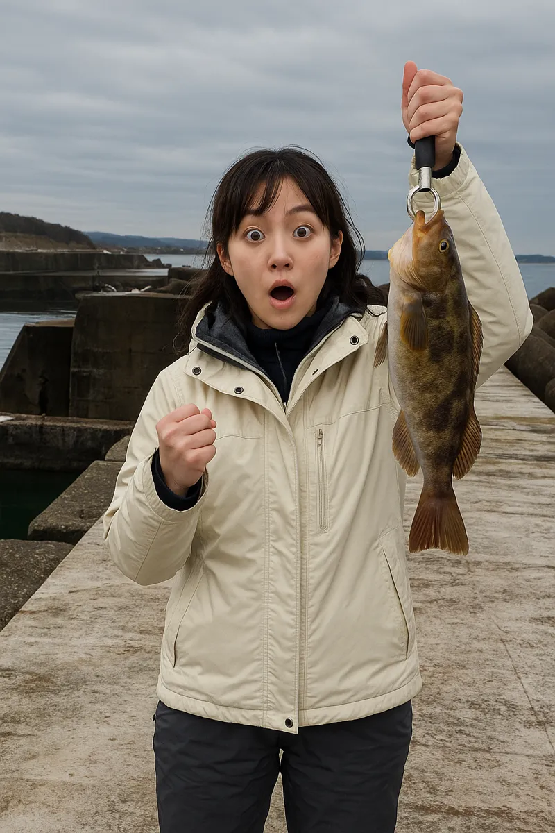西目漁港でアイナメの釣果を得た女性.webp