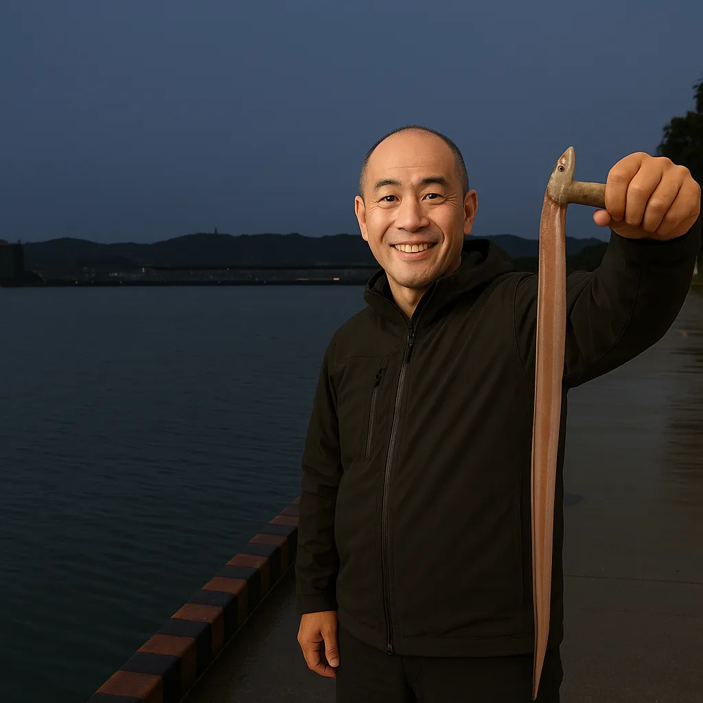 要害漁港でアナゴの釣果を得たがんだま君.webp