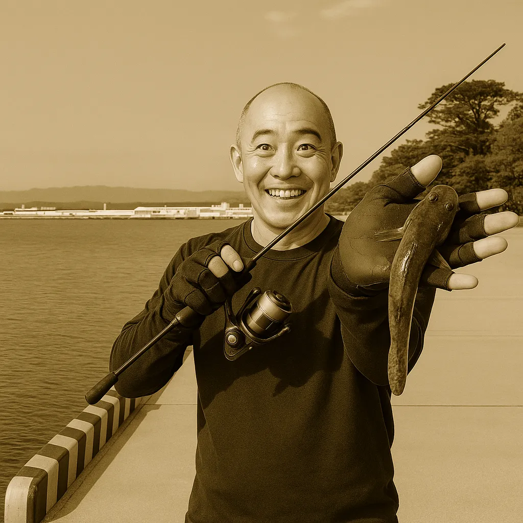 要害漁港でハゼの釣果を得たがんだま君.webp