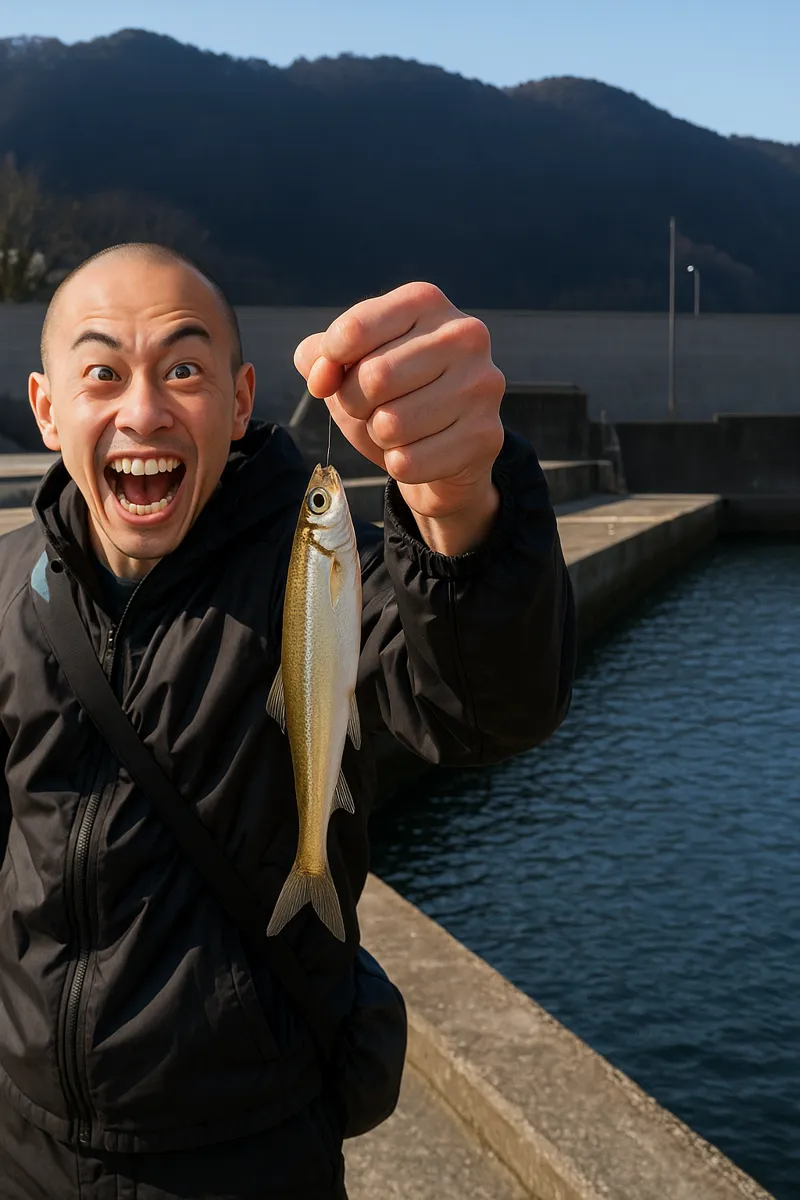 要谷漁港でチカの釣果を得たがんだま君.webp
