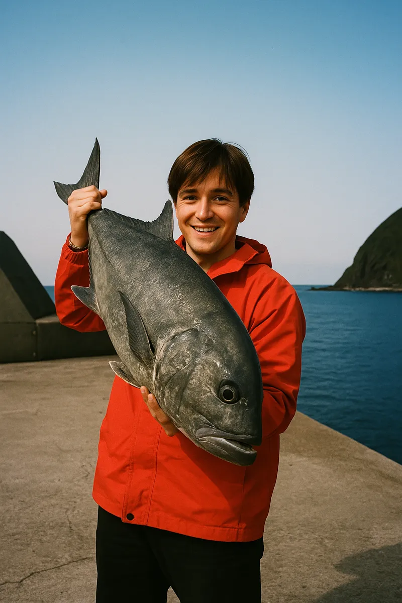 諏訪之瀬島でギンガメアジの釣果を得た男性.webp