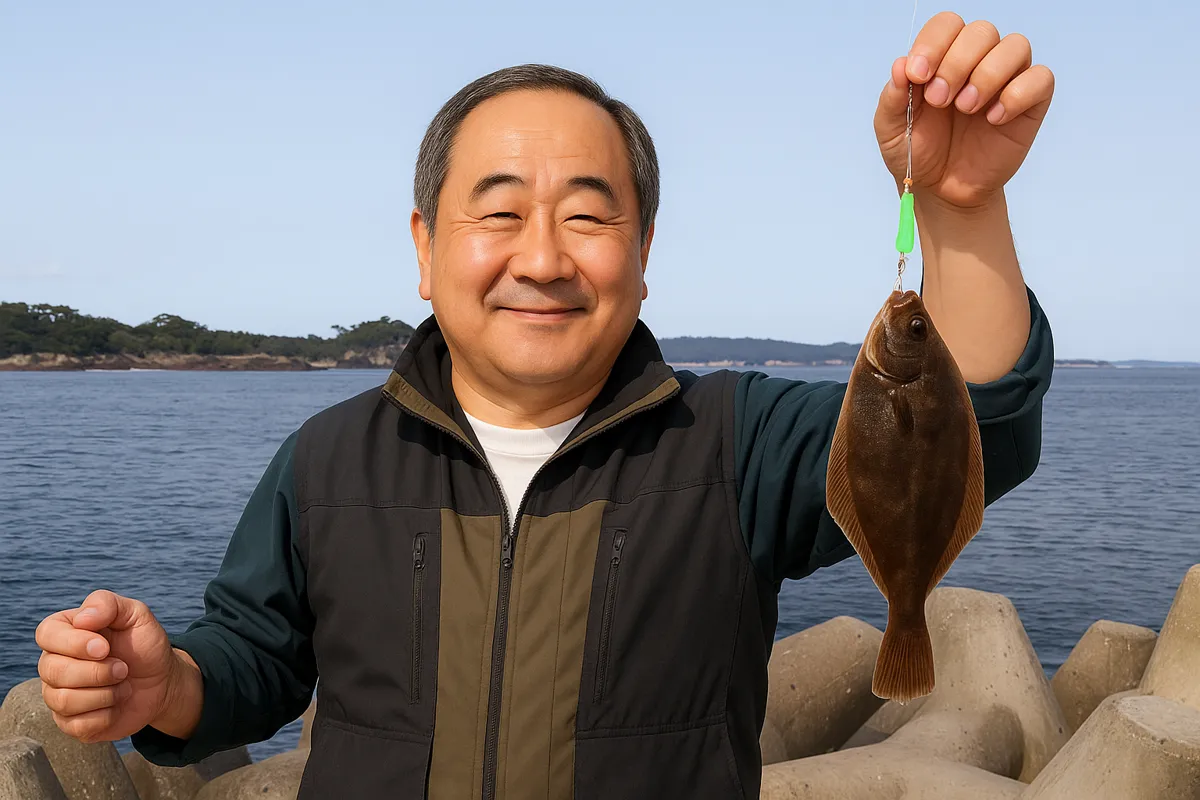 谷地漁港でカレイの釣果を得た持田.webp