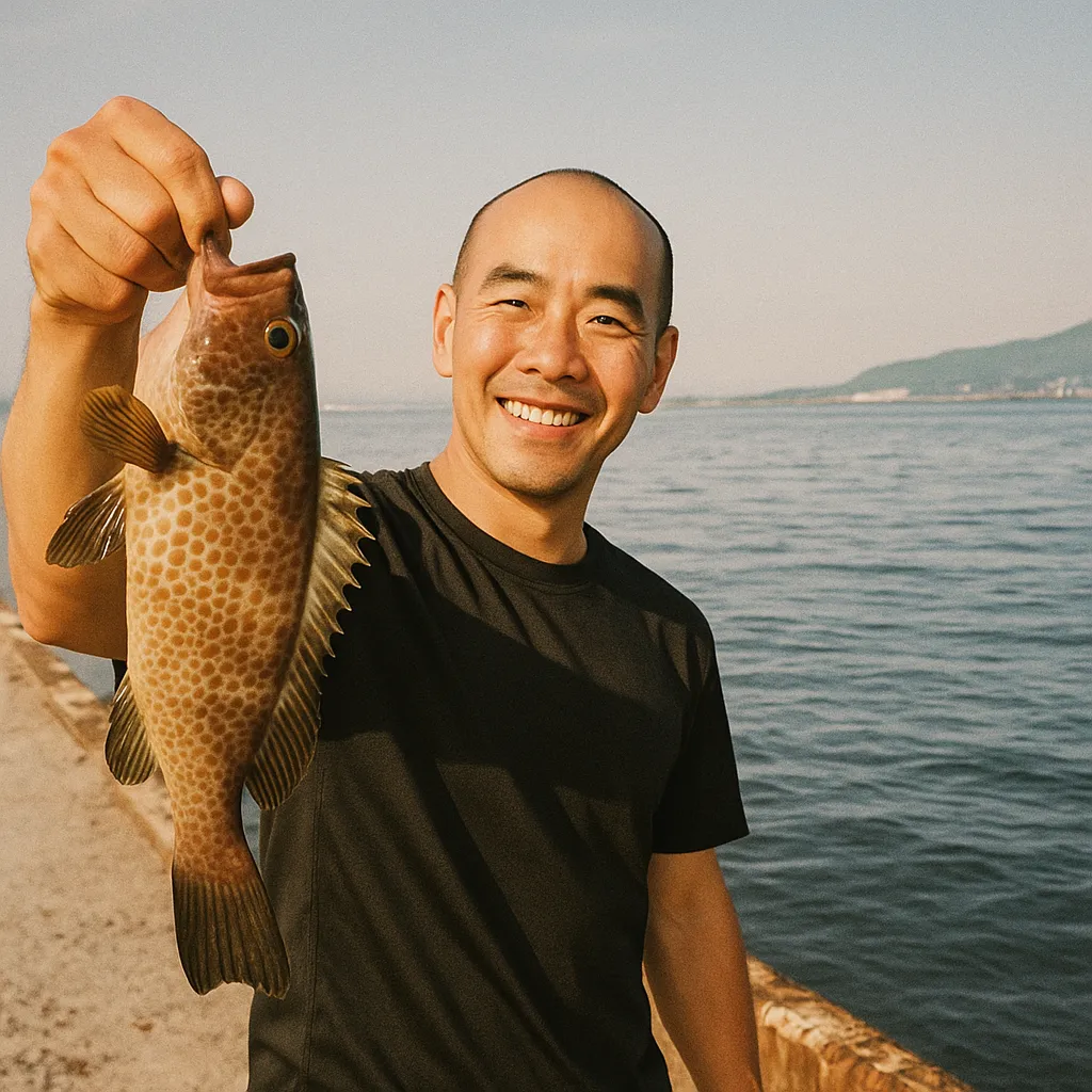 谷山港でオオモンハタの釣果を得たがんだま君.webp