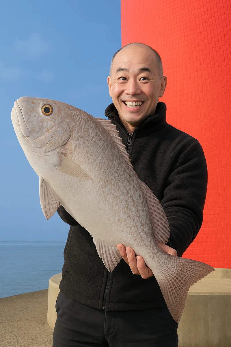 谷山港でコロダイの釣果を得たがんだま君.webp