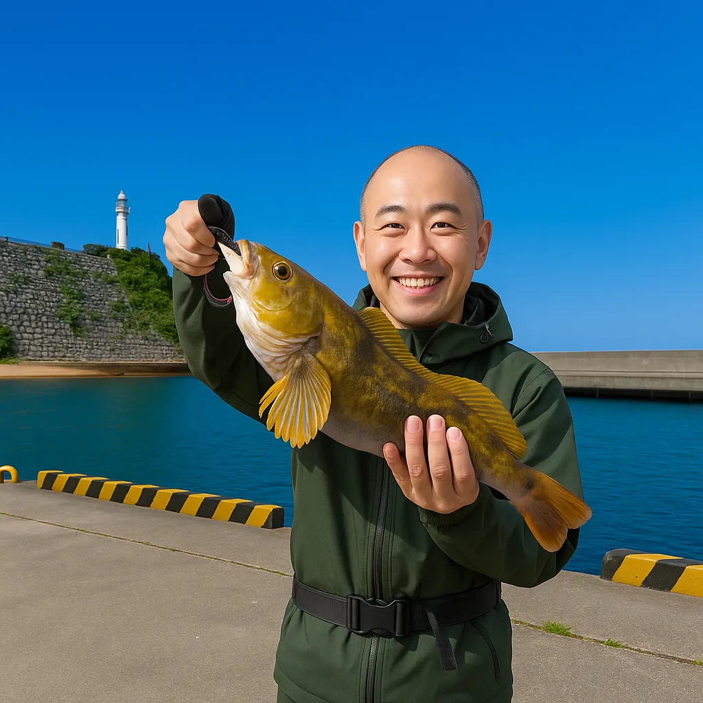 豊間港でアイナメの釣果を得たがんだま君.webp