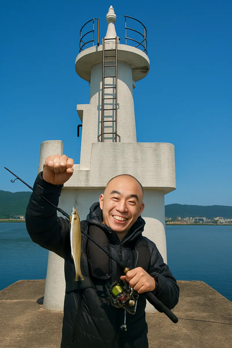 象潟漁港でシロギスの釣果を得たがんだま君.webp