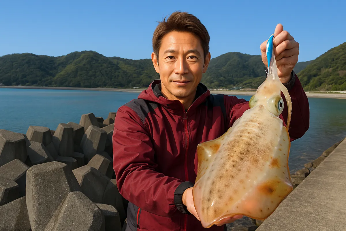 辺土名漁港でアオリイカの釣果を得た亀岡.webp