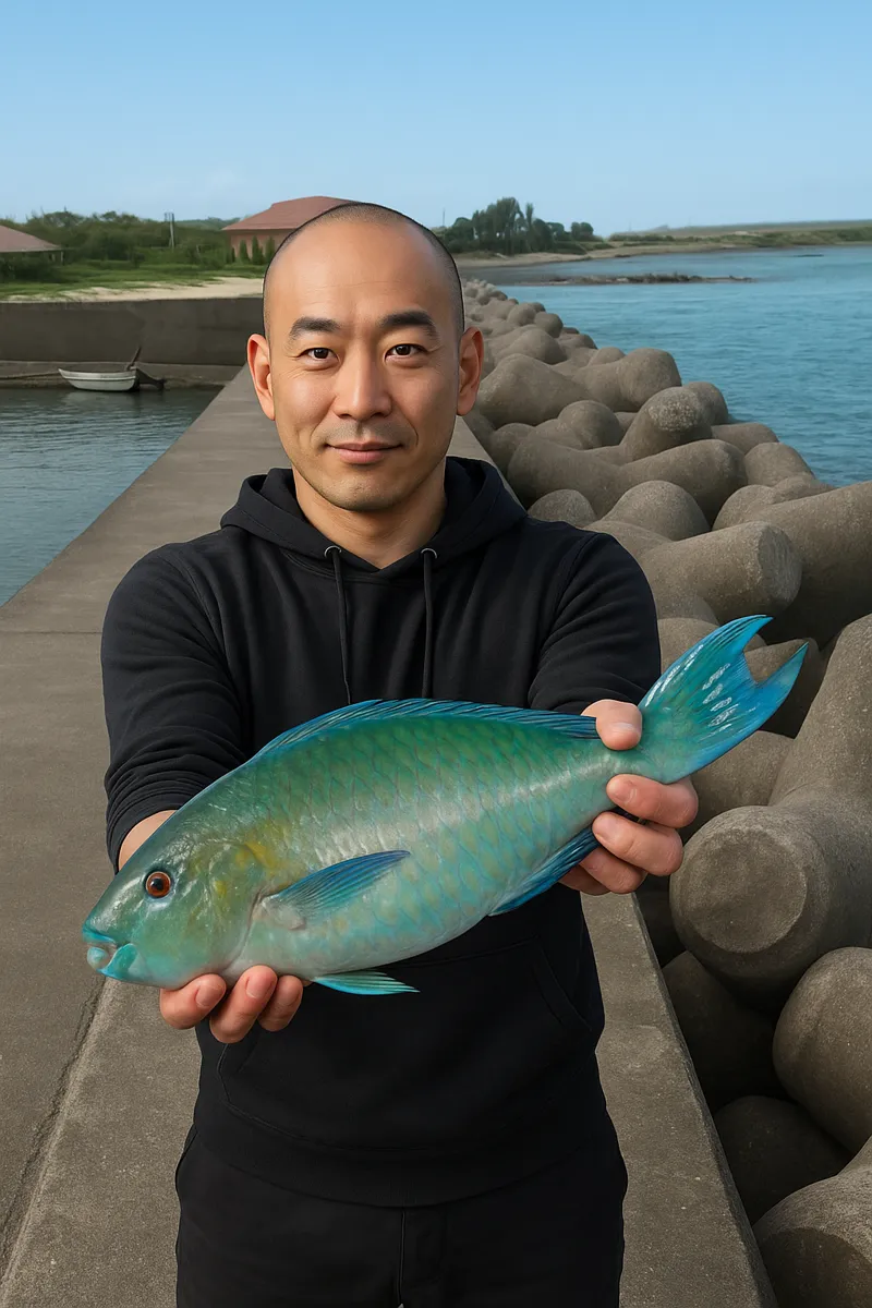 辺土名漁港でイラブチャーの釣果を得たがんだま君.webp