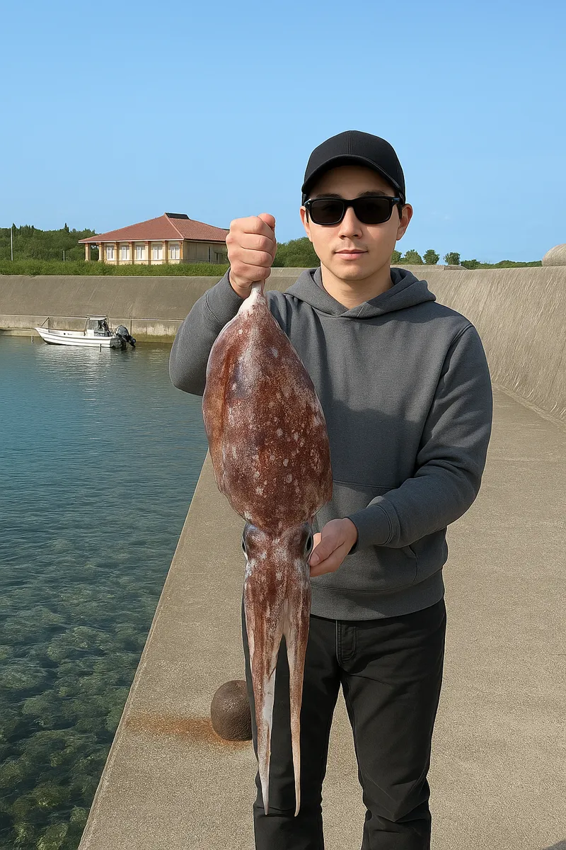 辺土名漁港でクブシミの釣果を得た男性.webp