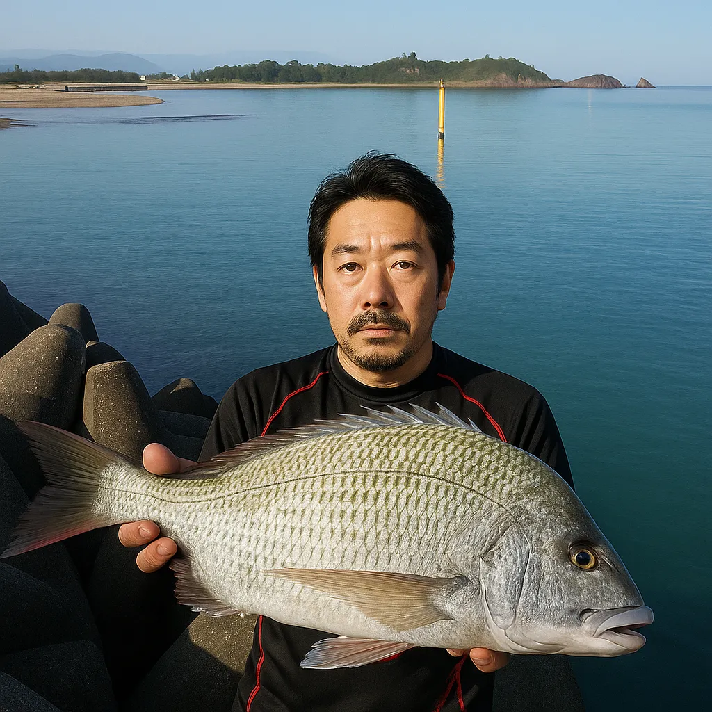 辺土名漁港でチヌの釣果を得た佐々木.webp