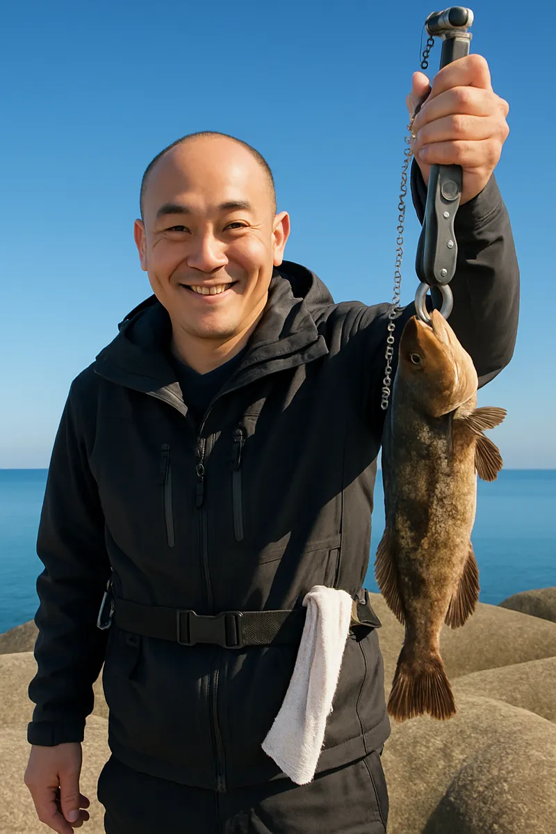 造道漁港でアイナメの釣果を得たがんだま君.webp