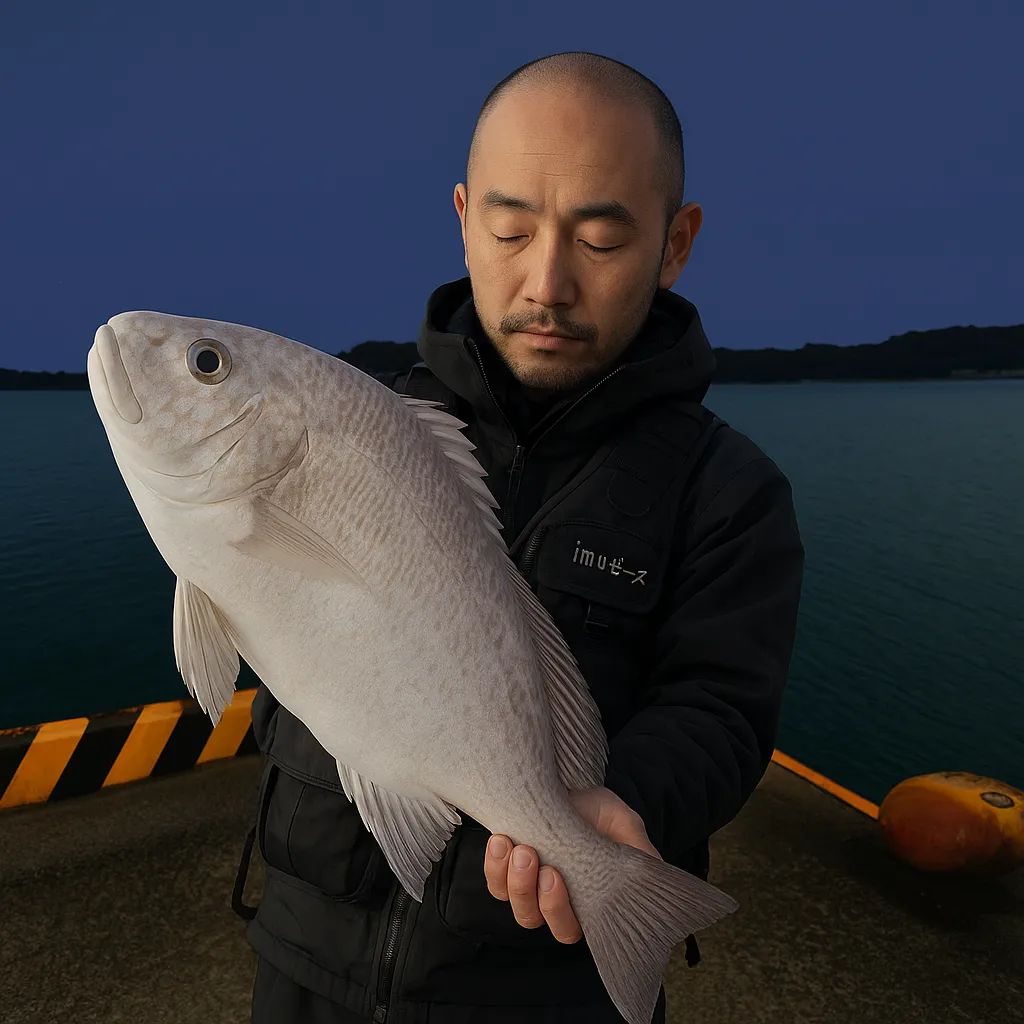 運天港でコロダイの釣果を得たがんだま君.webp