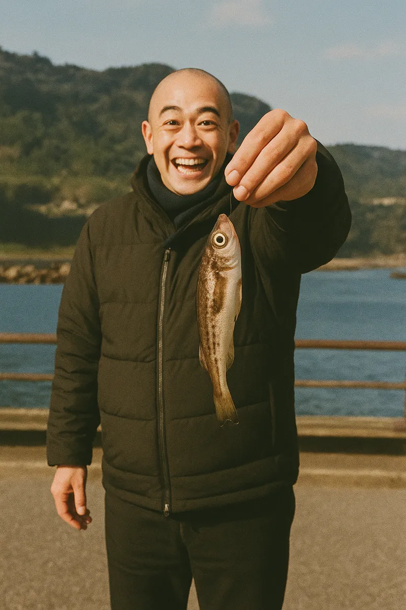 道川漁港でハタハタの釣果を得たがんだま君.webp