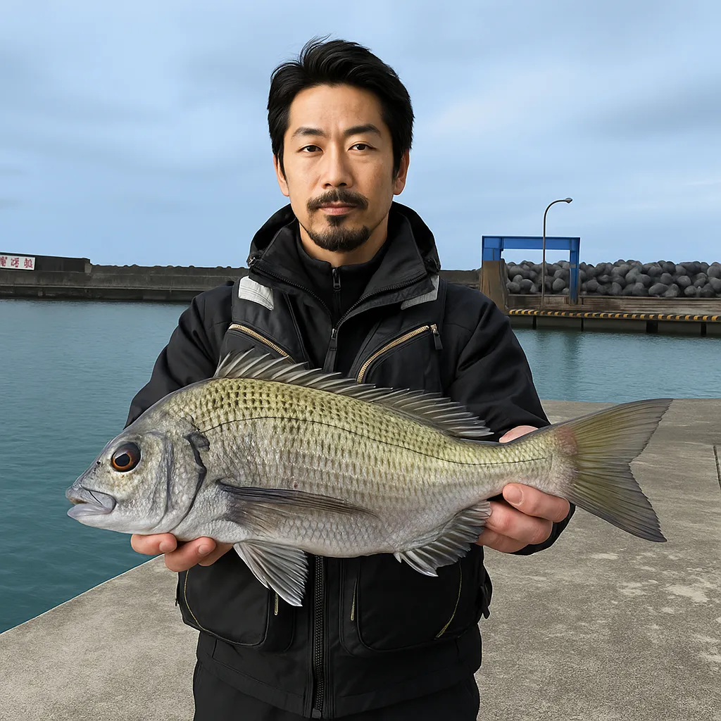 都屋漁港でチヌの釣果を得た佐々木.webp