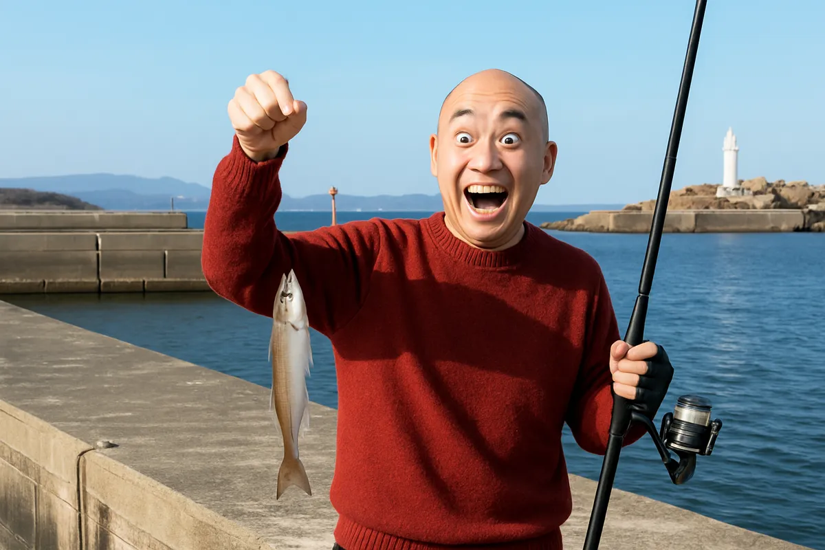 都農漁港でシロギスの釣果を得たがんだま君.webp