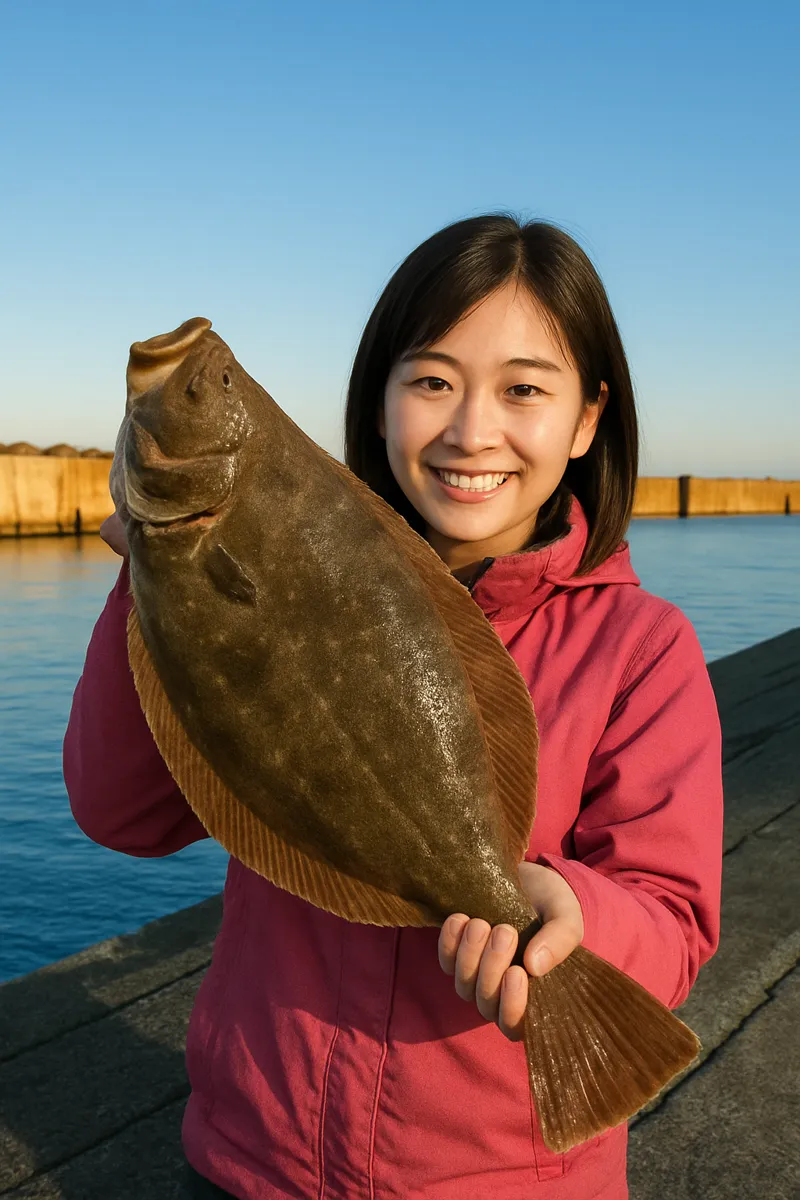 酒田北港でヒラメの釣果を得た女性.webp