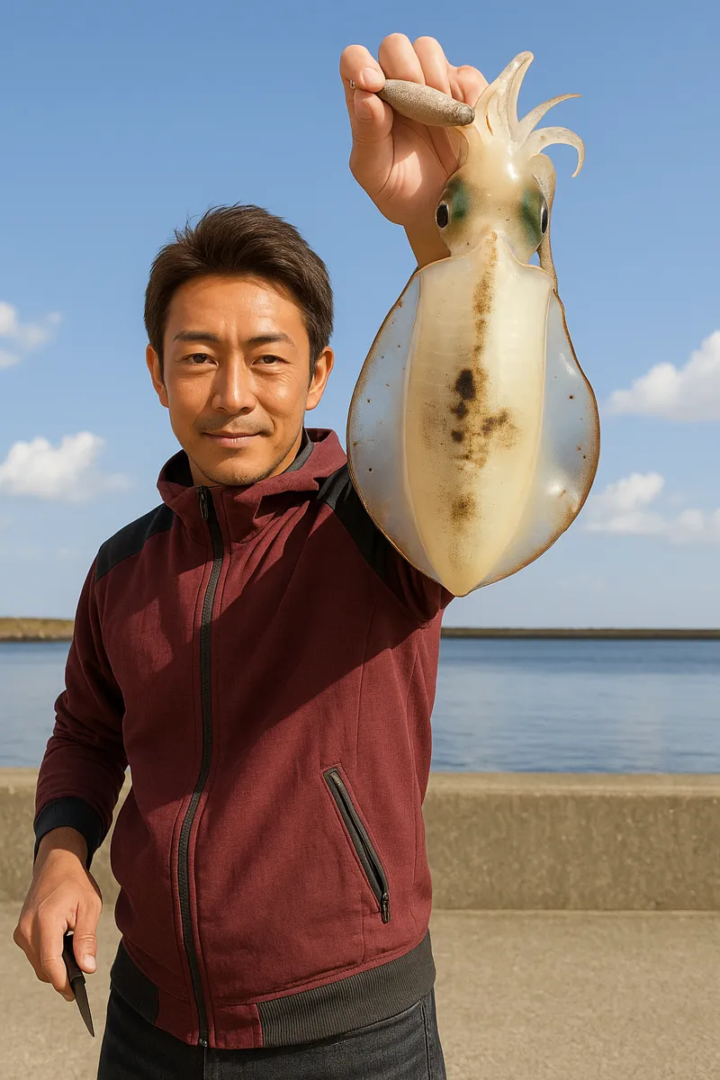 酒田本港でアオリイカの釣果を得た亀岡.webp