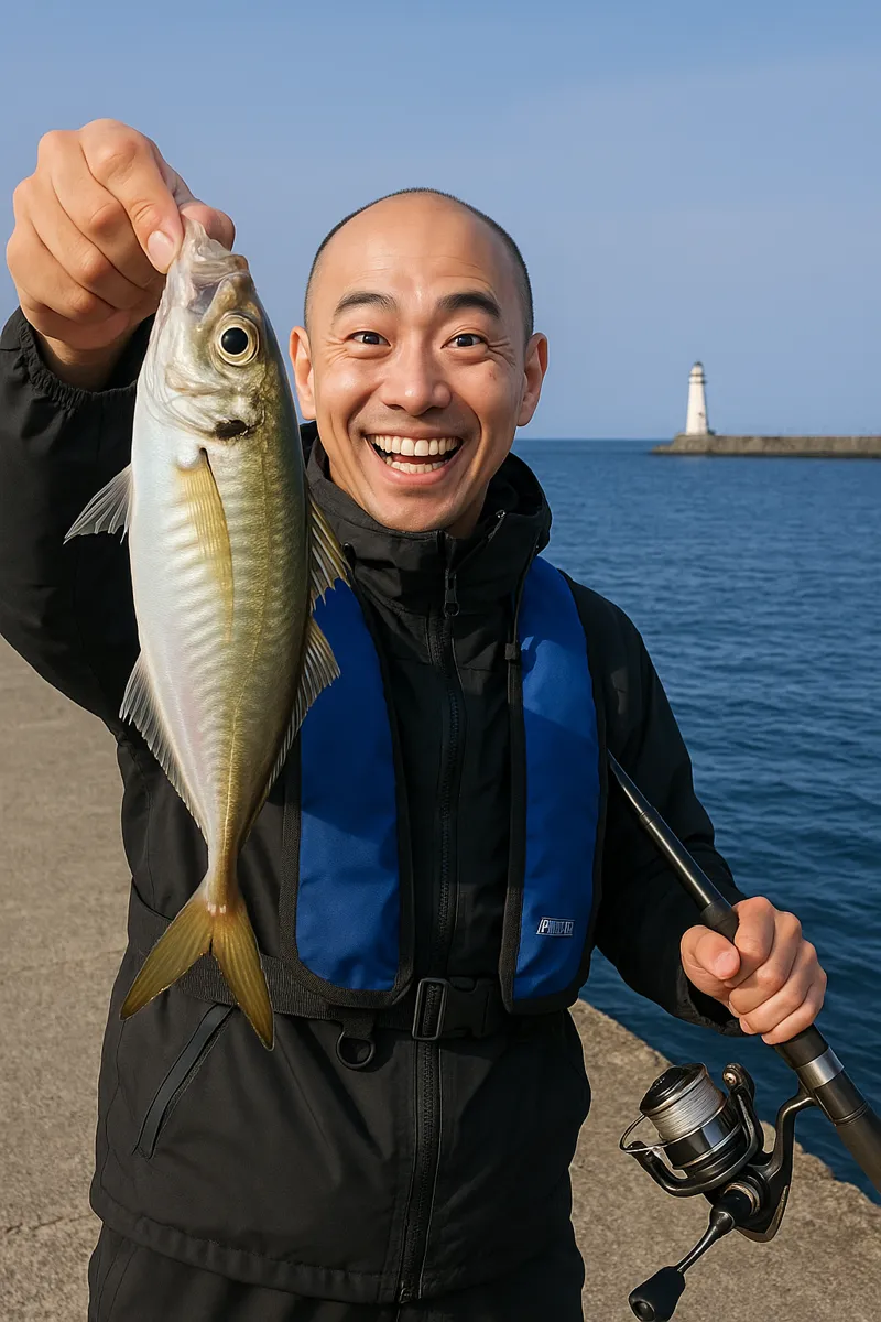 酒田本港でアジの釣果を得たがんだま君.webp