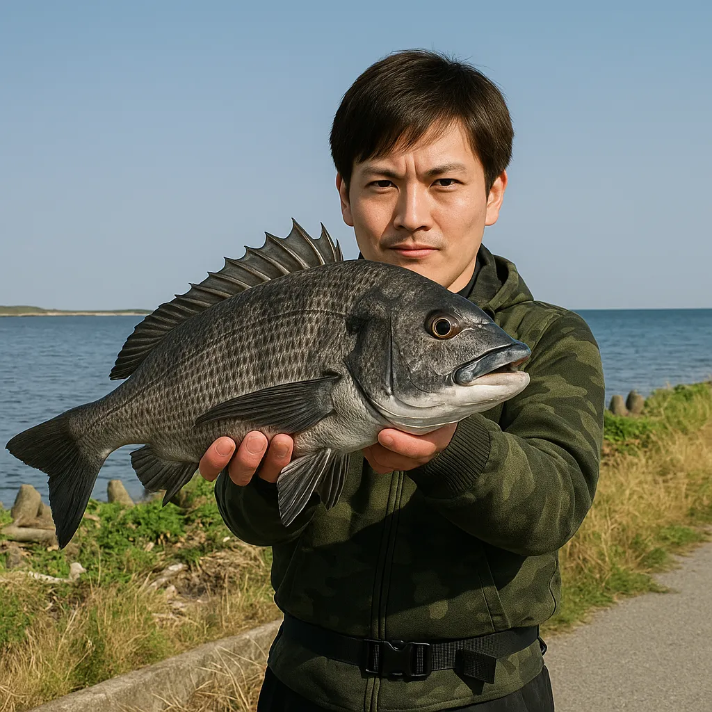 酒田本港でクロダイの釣果を得た男性.webp